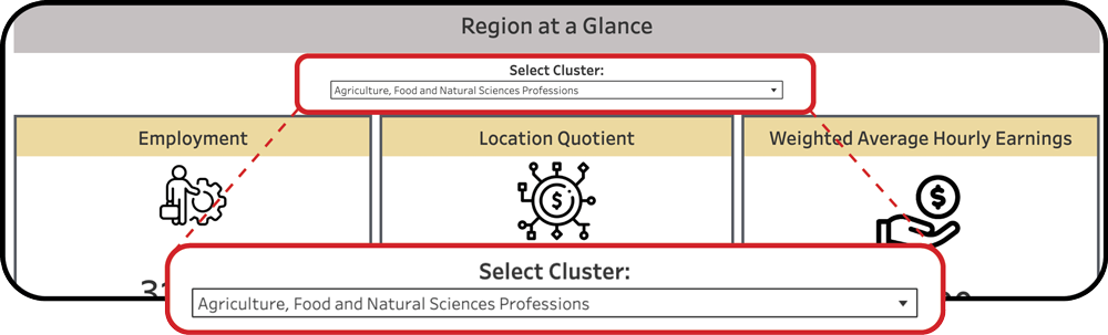 Region at a Glance section showing Employment, LQ, and Earnings cards