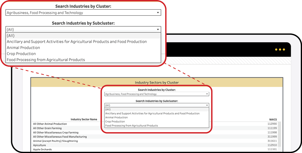 Viewing the list of occupations or industries for the selected cluster