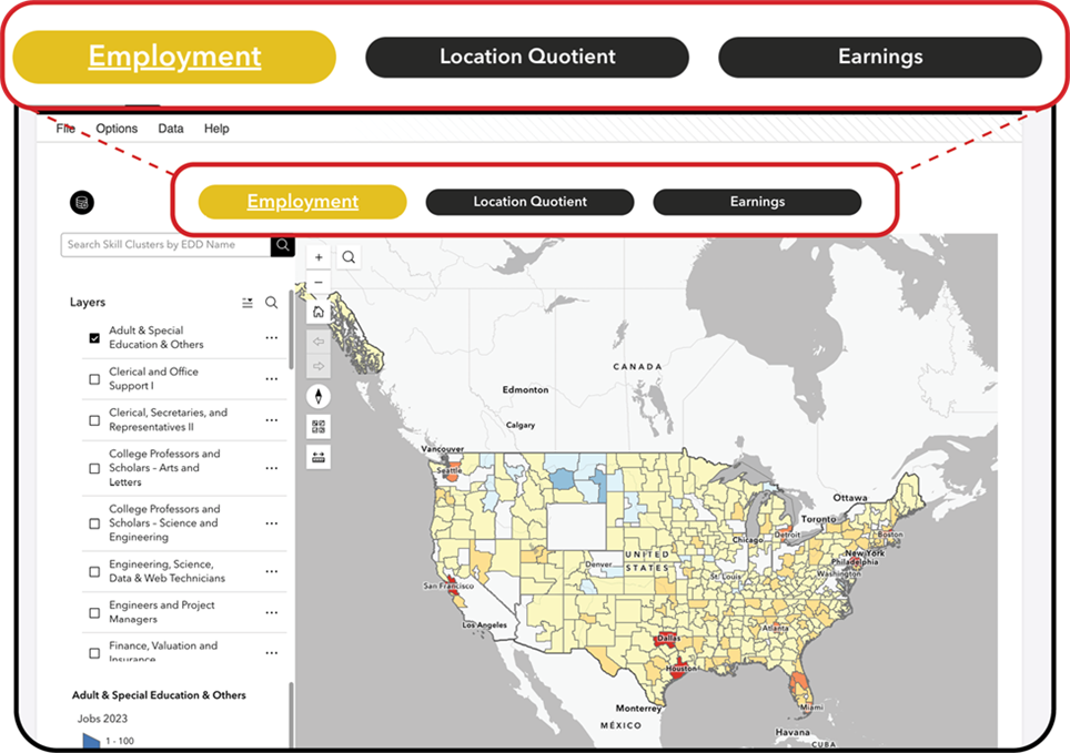The three main sections of the Skill Cluster map